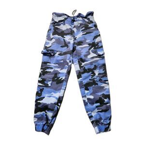 V.I.P. Blue Camo Cargo Joggers Womens 3/26 Paperbag High Rise Drawstring Pants